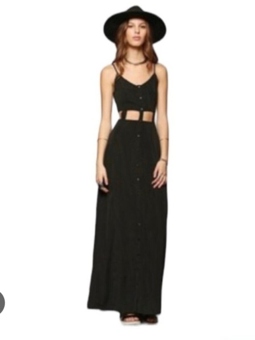 PINS & NEEDLES | button-front caged maxi dress side Cut Outs Black Sz 6
